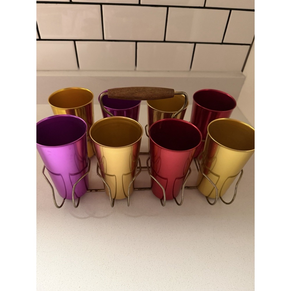 Set of 8 VTG Bascal Aluminum Tumblers w/carrier - Retro Metallic Cups - Italy